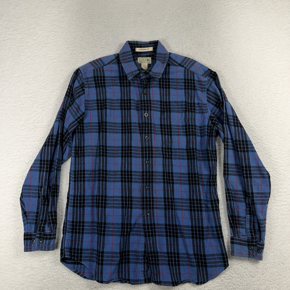 LL Bean Mens Traditional Fit Flannel Shirt 228061 Plaid Blue Black Red Vtg M